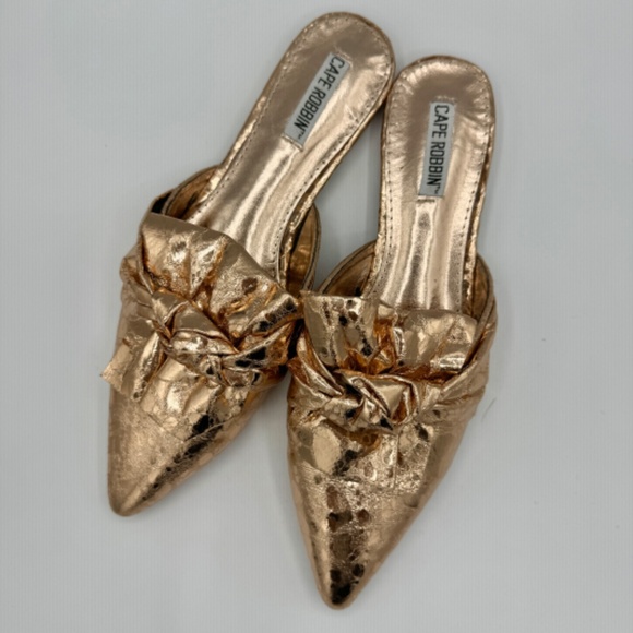 Cape Robbin | Vegan Metallic Rose Gold Knotted Pointed Toe Slip On Flats Mules - Picture 5 of 13